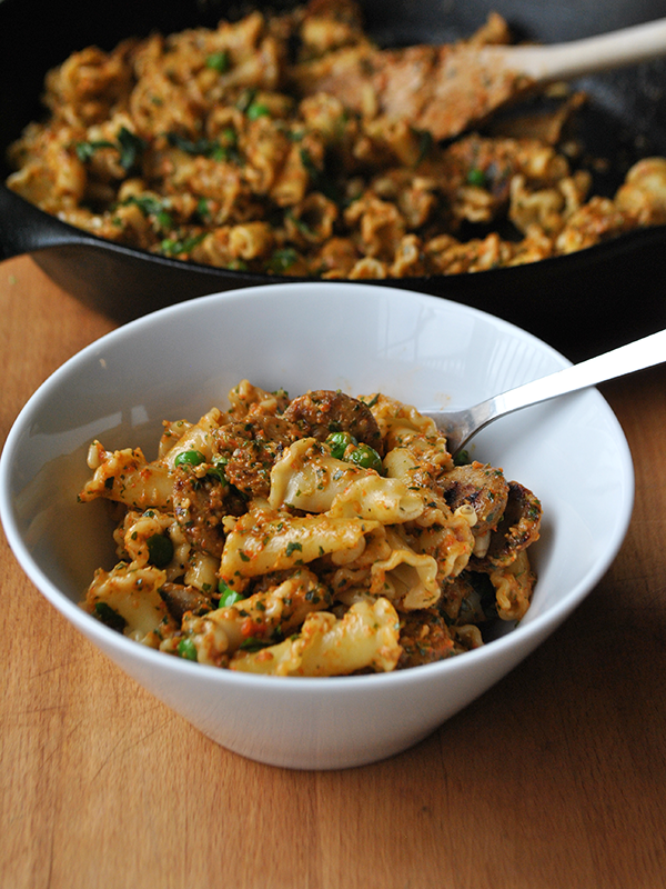Roasted Red Pepper Pesto with Pasta and Sausage