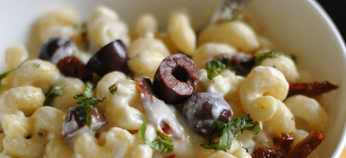 bowl of feta mac and cheese