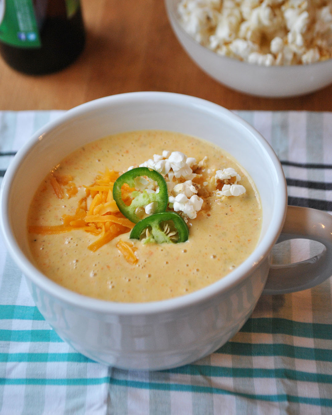 beer cheese soup in white bowl