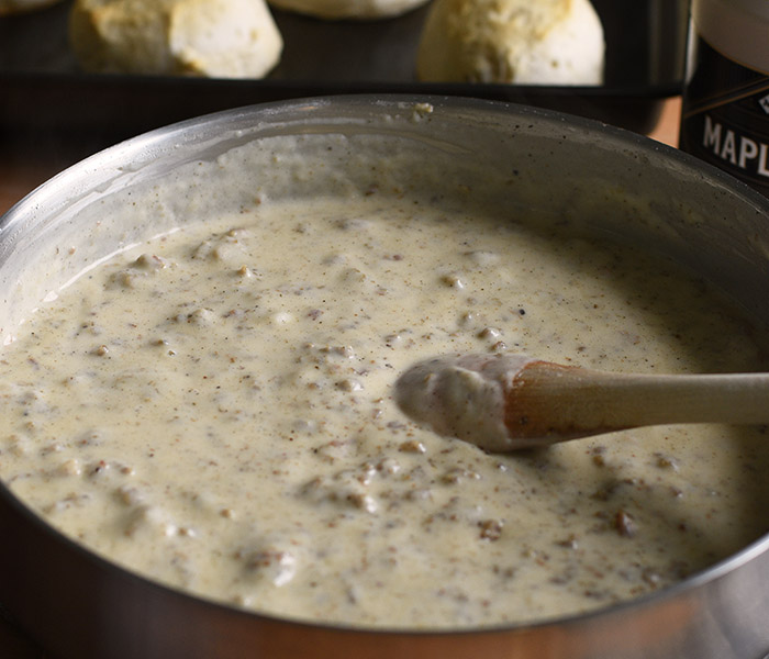 pan of maple sausage gravy